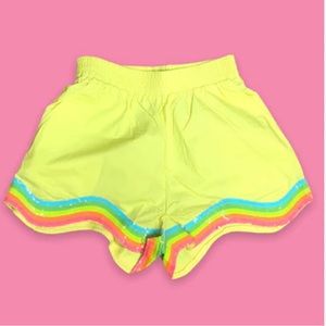 NWOT Queen of sparkles rainbow wavy hem neon lime shorts
